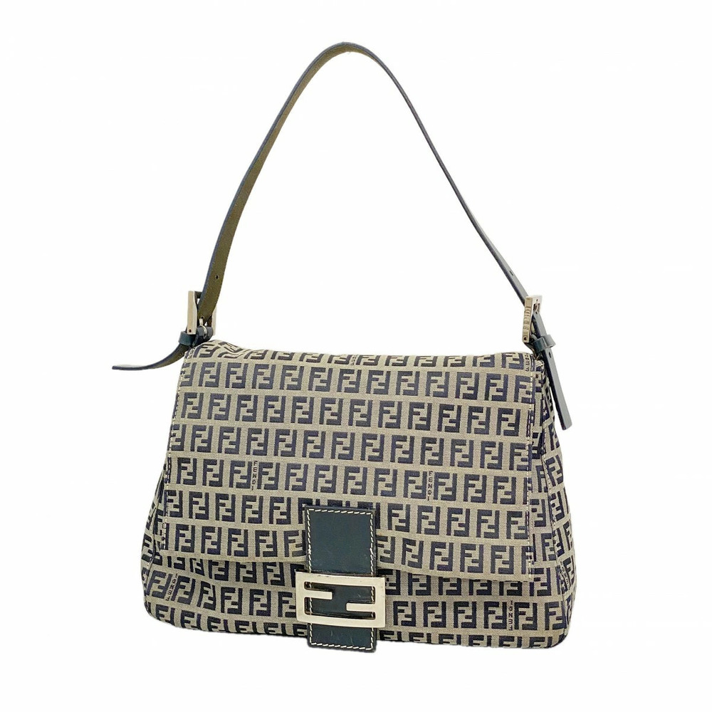 Fendi Zucchino Mamma Bucket Handbag Canvas Navy Blue Beige